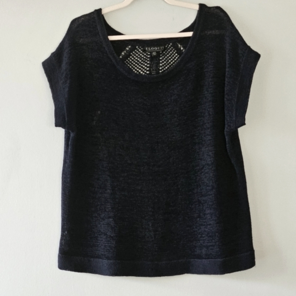 Eloqui Navy Cotton Blend Crochet Knit Drop Short Sleeve T-shirt Plus Size 18/20